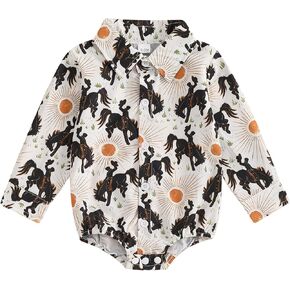 Newborn Western Baby Boy Outfits Country Cow Horse Shirt Romper Long Sleeve Button Down Bodysuit Cowboy Clothes