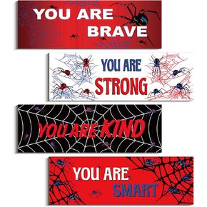 4 Pcs Spider Bedroom Wall Decor Boys Room Decor for Kids Inspirational Wooden Hanging Wall Sign Motivational Quote Car Wall Decor for Playroom Kindergarten (11.8 x 3.9 Inch)