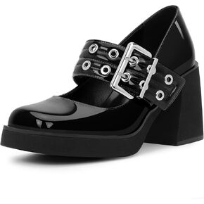 Women's Plafrom Block High Heel Buckle Strap Mary Janes Pumps Punk Closed Toe Shoes