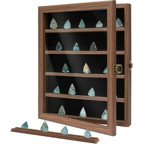 Arrowhead Display Case Holder, Lockable Native American Arrow Head Display Frame Box Cabinet Rack with HD Tempered Glass and Removable Shelves for Arrowheads Stone Collection, Rustic Wood
