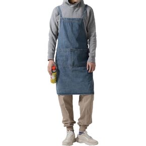 Cotton Denim Apron Soft - Unisex Adjustable Bib Apron with 5-Pockets Perfect for Kitchens