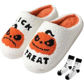 FOCUSIN Halloween Pumpkin House Slippers for Women - Fluffy Soft Cozy Bedroom Spooky Shoes for Indoor Outdoor Use