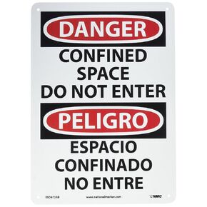 NMC ESD672RB Bilingual OSHA Sign, Legend "DANGER - CONFINED SPACE DO NOT ENTER", 10" Length x 14" Height, Rigid Plastic, Black/Red on White