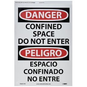NMC ESD672RB Bilingual OSHA Sign, Legend "DANGER - CONFINED SPACE DO NOT ENTER", 10" Length x 14" Height, Rigid Plastic, Black/Red on White