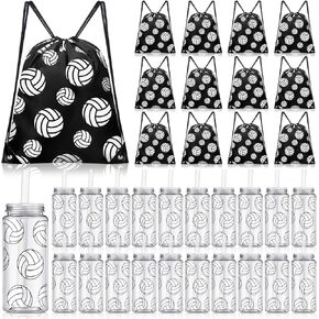 40 Pcs Soccer Party Favors 20 Pack Soccer Cups with Lid and Straw 14.2 oz Reusable Tumbler Clear Plastic Drinking Cups with 20 Pack Drawstring Bag for Birthday School Sport Decorations