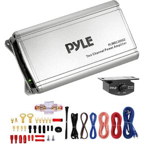 Pyle PLMRC300X2 600 Watt Peak Power 2-Channel Weather Resistant Class D Compact Amplifier with Wireless Waterproof-Rated BT Audio Controller and 8 Gauge Marine Gauge Stereo Wiring Installation Kit