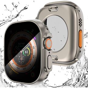 NewWays 2 in 1 Waterproof Privacy Case [Anti Spy] for Apple Watch Ultra2 49mm Screen Protector, 360° Protective Face Cover Hard PC Bumper + Back Frame for iWatch Ultra Accessories 49 mm, Titanium