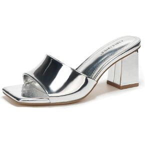 Women's Square Open Toe Heeled Sandals Glossy Material Mules Slip On Low Block Chunky Heeled Sandal on Comfortable Casual Dress Pumps Shoes with Sense of Luxury