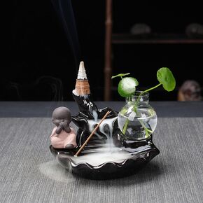 The Little Monk Incense Stick Holder - 1 Unit, Ceramic Censer with 20 Incense Cones and Plant Globe, Backflow Incense Burner, Incense Cone Holder | Aesthetic Home Décor & Aromatherapy (Blue)