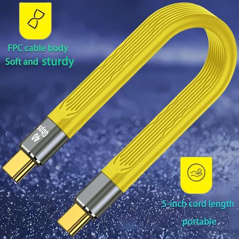 سلك تمديد شحن USB C مسطح قصير، 5 بوصة أصفر نوع C ذكر إلى ذكر 100 واط كابل شاحن سريع 40 جيجابت في الثانية محول نقل بيانات عالي السرعة متوافق مع سلسلة iPhone15 in Kuwait