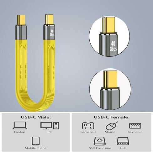 سلك تمديد شحن USB C مسطح قصير، 5 بوصة أصفر نوع C ذكر إلى ذكر 100 واط كابل شاحن سريع 40 جيجابت في الثانية محول نقل بيانات عالي السرعة متوافق مع سلسلة iPhone15 in Kuwait