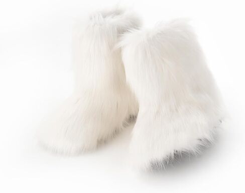 Women's Faux Fur Boots Furry Fuzzy Snow Boots Fluffy Winter Boots Warm Comfortable Mid-Calf Boots Outdoor Indoor Flat Shoes in Saudi Arabia