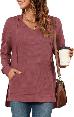 MOLERANI Hoodies for Women 2024 Casual Long Sleeve Waffle Knit Drawstring Side Split Pullover Sweatshirts with Pocket in Saudi Arabia