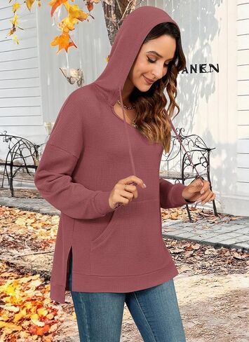 MOLERANI Hoodies for Women 2024 Casual Long Sleeve Waffle Knit Drawstring Side Split Pullover Sweatshirts with Pocket in Saudi Arabia