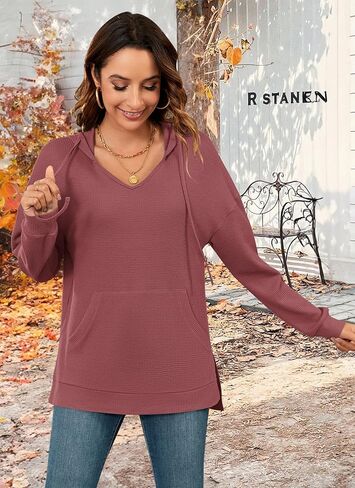 MOLERANI Hoodies for Women 2024 Casual Long Sleeve Waffle Knit Drawstring Side Split Pullover Sweatshirts with Pocket in Saudi Arabia