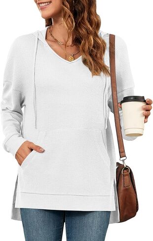 MOLERANI Hoodies for Women 2024 Casual Long Sleeve Waffle Knit Drawstring Side Split Pullover Sweatshirts with Pocket in Saudi Arabia