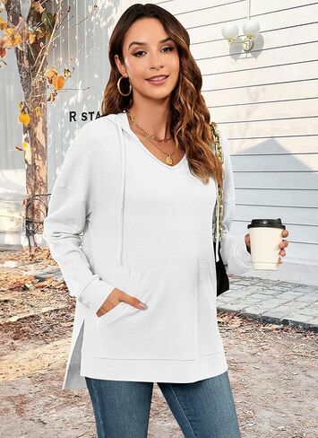 MOLERANI Hoodies for Women 2024 Casual Long Sleeve Waffle Knit Drawstring Side Split Pullover Sweatshirts with Pocket in Saudi Arabia
