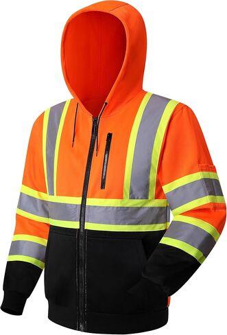 JKSafety Hi-Vis Safety Sweatshirt for men women High Visibility Zip-Up Hooded Sweatshirt Hoodie work utility Reflective Strips with Extended Trims (JK121-Black,XL) in Saudi Arabia