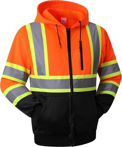 JKSafety Hi-Vis Safety Sweatshirt for men women High Visibility Zip-Up Hooded Sweatshirt Hoodie work utility Reflective Strips with Extended Trims (JK121-Black,XL) in Saudi Arabia