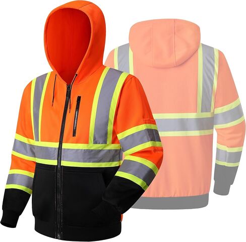 JKSafety Hi-Vis Safety Sweatshirt for men women High Visibility Zip-Up Hooded Sweatshirt Hoodie work utility Reflective Strips with Extended Trims (JK121-Black,XL) in Saudi Arabia