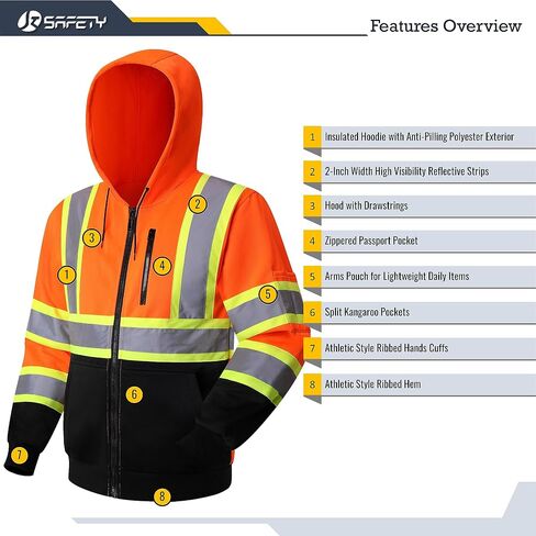 JKSafety Hi-Vis Safety Sweatshirt for men women High Visibility Zip-Up Hooded Sweatshirt Hoodie work utility Reflective Strips with Extended Trims (JK121-Black,XL) in Saudi Arabia