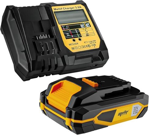 مجموعة شاحن Mellif مع بطارية M20، متوافقة مع أدوات وبطاريات DeWalt & Mellif 20 فولت، وبطارية ليثيوم أيون 20 فولت 4.0 أمبير في الساعة وشاحن مدمج للشحن السريع (إدخال 110 ~ 240 فولت) | شاحن يو اس بي 5 فولت 2 أمبير in Kuwait