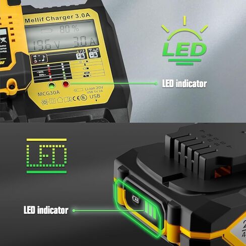 مجموعة شاحن Mellif مع بطارية M20، متوافقة مع أدوات وبطاريات DeWalt & Mellif 20 فولت، وبطارية ليثيوم أيون 20 فولت 4.0 أمبير في الساعة وشاحن مدمج للشحن السريع (إدخال 110 ~ 240 فولت) | شاحن يو اس بي 5 فولت 2 أمبير in Kuwait