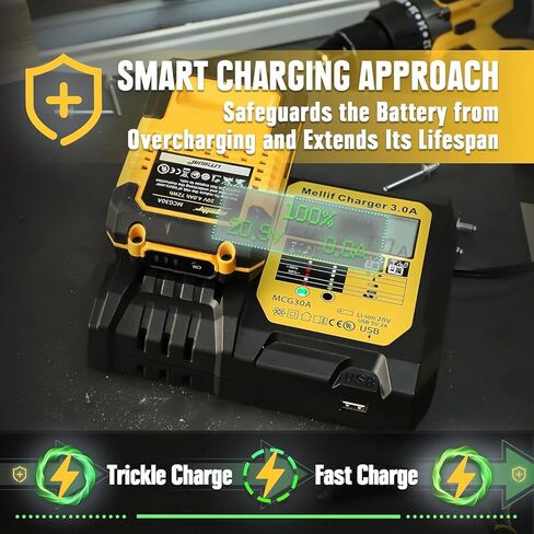 مجموعة شاحن Mellif مع بطارية M20، متوافقة مع أدوات وبطاريات DeWalt & Mellif 20 فولت، وبطارية ليثيوم أيون 20 فولت 4.0 أمبير في الساعة وشاحن مدمج للشحن السريع (إدخال 110 ~ 240 فولت) | شاحن يو اس بي 5 فولت 2 أمبير in Kuwait