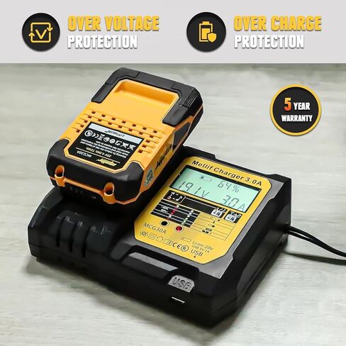 مجموعة شاحن Mellif مع بطارية M20، متوافقة مع أدوات وبطاريات DeWalt & Mellif 20 فولت، وبطارية ليثيوم أيون 20 فولت 4.0 أمبير في الساعة وشاحن مدمج للشحن السريع (إدخال 110 ~ 240 فولت) | شاحن يو اس بي 5 فولت 2 أمبير in Kuwait