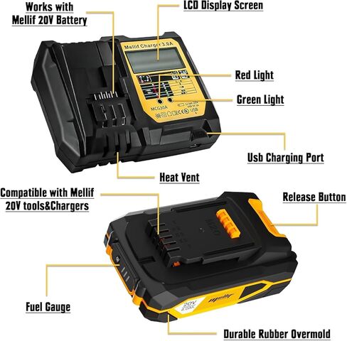 مجموعة شاحن Mellif مع بطارية M20، متوافقة مع أدوات وبطاريات DeWalt & Mellif 20 فولت، وبطارية ليثيوم أيون 20 فولت 4.0 أمبير في الساعة وشاحن مدمج للشحن السريع (إدخال 110 ~ 240 فولت) | شاحن يو اس بي 5 فولت 2 أمبير in Kuwait