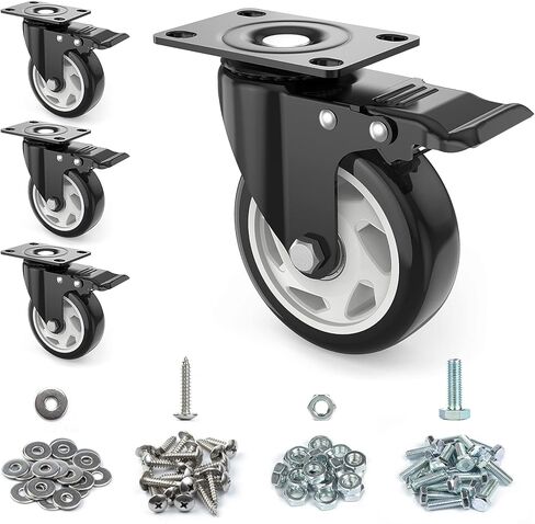 عجلات 3 بوصة، عجلات شديدة التحمل 3 بوصة، مجموعة من 4 عجلات مع فرامل، عجلات TONSUM خالية من الضوضاء من البولي يوريثين (PU) وعجلات قفل مزدوجة آمنة، وعجلات لوحة دوارة (مجموعتان من الأجهزة) in Kuwait