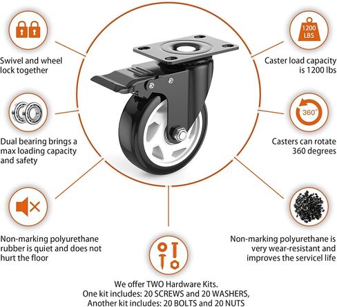 عجلات 3 بوصة، عجلات شديدة التحمل 3 بوصة، مجموعة من 4 عجلات مع فرامل، عجلات TONSUM خالية من الضوضاء من البولي يوريثين (PU) وعجلات قفل مزدوجة آمنة، وعجلات لوحة دوارة (مجموعتان من الأجهزة) in Kuwait