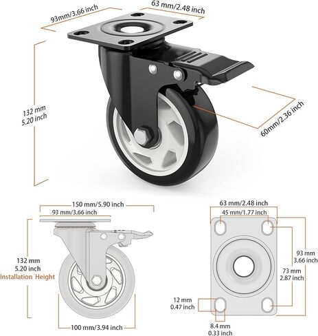 عجلات 3 بوصة، عجلات شديدة التحمل 3 بوصة، مجموعة من 4 عجلات مع فرامل، عجلات TONSUM خالية من الضوضاء من البولي يوريثين (PU) وعجلات قفل مزدوجة آمنة، وعجلات لوحة دوارة (مجموعتان من الأجهزة) in Kuwait