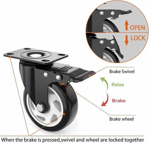 عجلات 3 بوصة، عجلات شديدة التحمل 3 بوصة، مجموعة من 4 عجلات مع فرامل، عجلات TONSUM خالية من الضوضاء من البولي يوريثين (PU) وعجلات قفل مزدوجة آمنة، وعجلات لوحة دوارة (مجموعتان من الأجهزة) in Kuwait