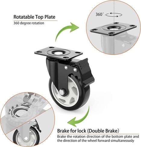 عجلات 3 بوصة، عجلات شديدة التحمل 3 بوصة، مجموعة من 4 عجلات مع فرامل، عجلات TONSUM خالية من الضوضاء من البولي يوريثين (PU) وعجلات قفل مزدوجة آمنة، وعجلات لوحة دوارة (مجموعتان من الأجهزة) in Kuwait