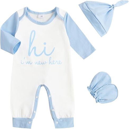 Hi I’m New Here Newborn Outfit, Baby Coming Home Clothes, Cotton Infant Romper Bodysuit Jumpsuit with Hat and Gloves in Saudi Arabia