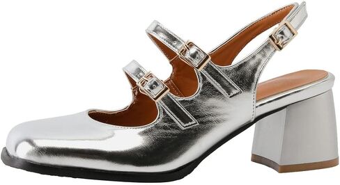 KISSASA Punk Goth Chunky Mary Janes Patent Leather Slingback Square Toe Pumps Metallic Heels in Saudi Arabia