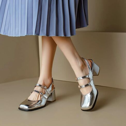 KISSASA Punk Goth Chunky Mary Janes Patent Leather Slingback Square Toe Pumps Metallic Heels in Saudi Arabia