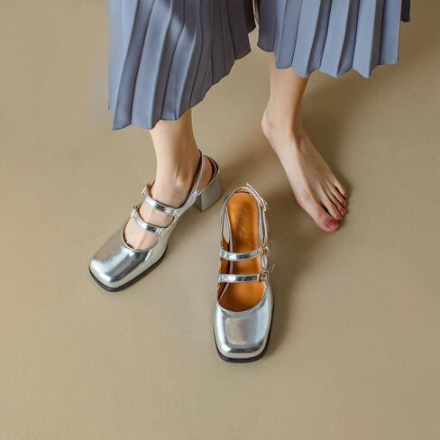 KISSASA Punk Goth Chunky Mary Janes Patent Leather Slingback Square Toe Pumps Metallic Heels in Saudi Arabia