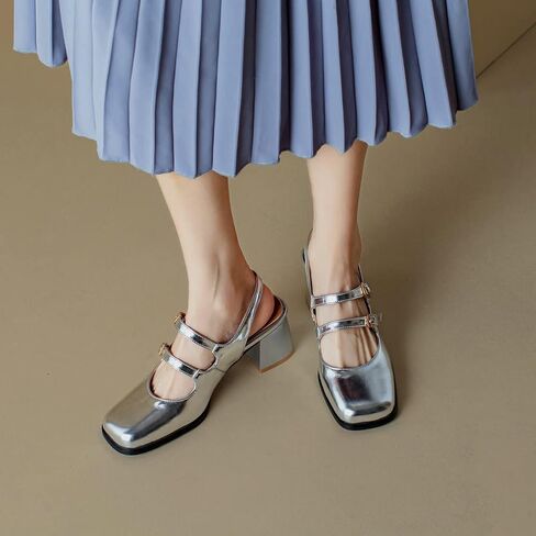 KISSASA Punk Goth Chunky Mary Janes Patent Leather Slingback Square Toe Pumps Metallic Heels in Saudi Arabia