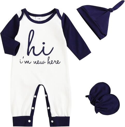 Hi I’m New Here Newborn Outfit, Baby Coming Home Clothes, Cotton Infant Romper Bodysuit Jumpsuit with Hat and Gloves in Saudi Arabia