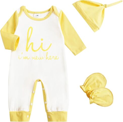 Hi I’m New Here Newborn Outfit, Baby Coming Home Clothes, Cotton Infant Romper Bodysuit Jumpsuit with Hat and Gloves in Saudi Arabia