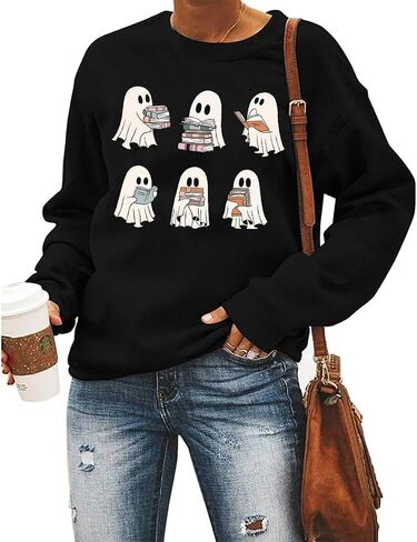 Women Ghosts Reading Books Sweatshirt Spooky Bookish Graphic Long Sleeve Pullover Tops Halloween Teacher Shirt in Saudi Arabia