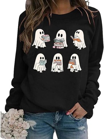 Women Ghosts Reading Books Sweatshirt Spooky Bookish Graphic Long Sleeve Pullover Tops Halloween Teacher Shirt in Saudi Arabia