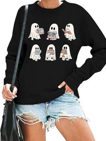 Women Ghosts Reading Books Sweatshirt Spooky Bookish Graphic Long Sleeve Pullover Tops Halloween Teacher Shirt in Saudi Arabia