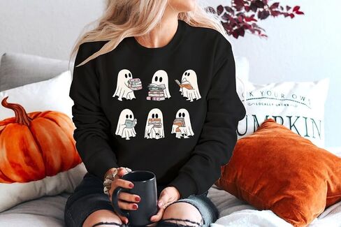 Women Ghosts Reading Books Sweatshirt Spooky Bookish Graphic Long Sleeve Pullover Tops Halloween Teacher Shirt in Saudi Arabia