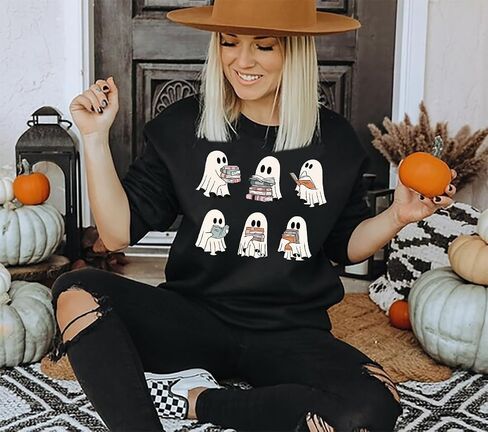 Women Ghosts Reading Books Sweatshirt Spooky Bookish Graphic Long Sleeve Pullover Tops Halloween Teacher Shirt in Saudi Arabia