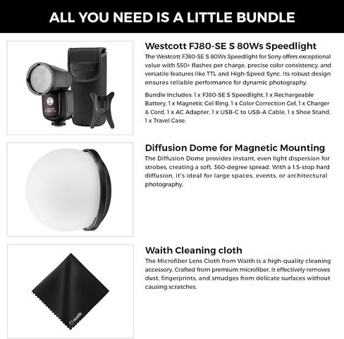 Westcott FJ80-SE S Sony 80Ws Speedlight لكاميرات سوني مع شاشة LCD مقاس 2.4 بوصة | 550+ ومضات كاملة الطاقة لكل شحنة مع قبة توزيع للتركيب المغناطيسي ومجموعة قماش تنظيف من الألياف الدقيقة in Saudi Arabia