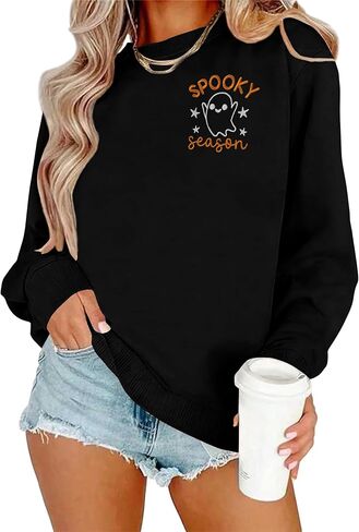 Womens Halloween Sweatshirt Spooky Season Sweater Ghost Embroidered Pullover Top Fall Long Sleeve Tops in Kuwait