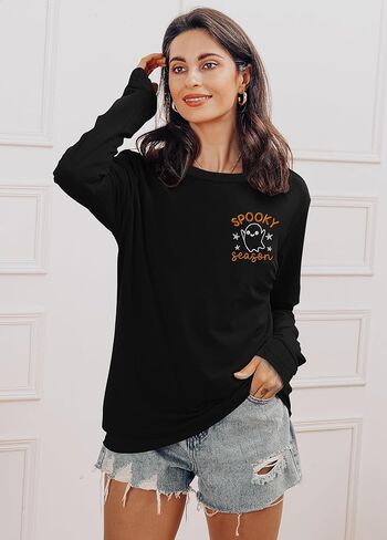 Womens Halloween Sweatshirt Spooky Season Sweater Ghost Embroidered Pullover Top Fall Long Sleeve Tops in Kuwait